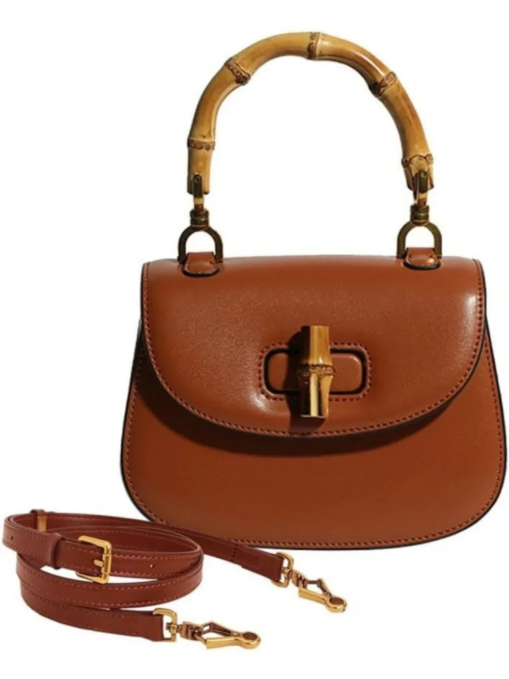 Stylish Genuine Leather Tote Bag with Bamboo Handle & Adjustable Crossbody Strap